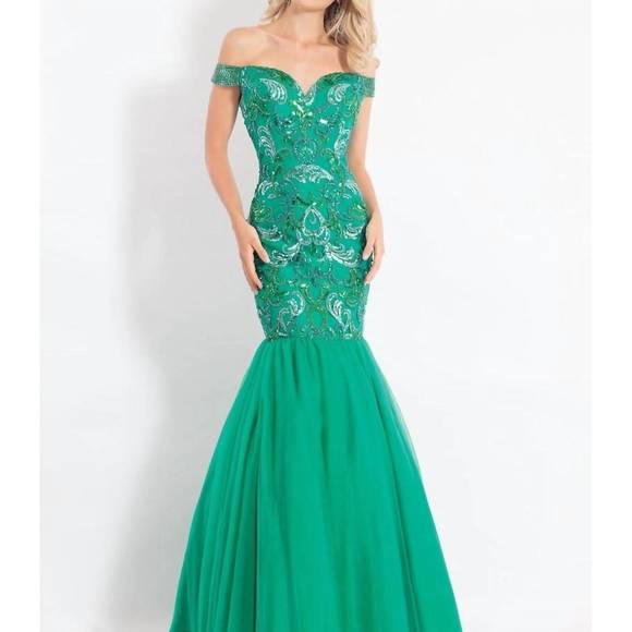 NEW RACHEL ALLAN off shoulder mermaid prom dress in emerald - Picture 1 of 2